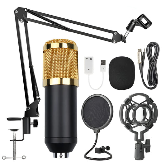 BM-800 condenser microphone stand set with professional recording microphone on desktop