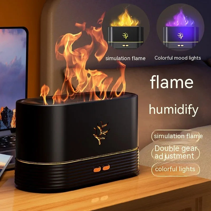 White square USB flame humidifier and aroma diffuser showing realistic LED fire effect.