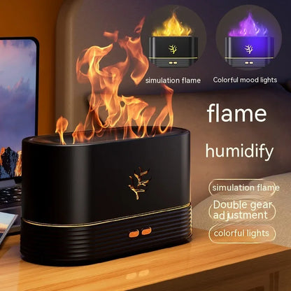 White square USB flame humidifier and aroma diffuser showing realistic LED fire effect.