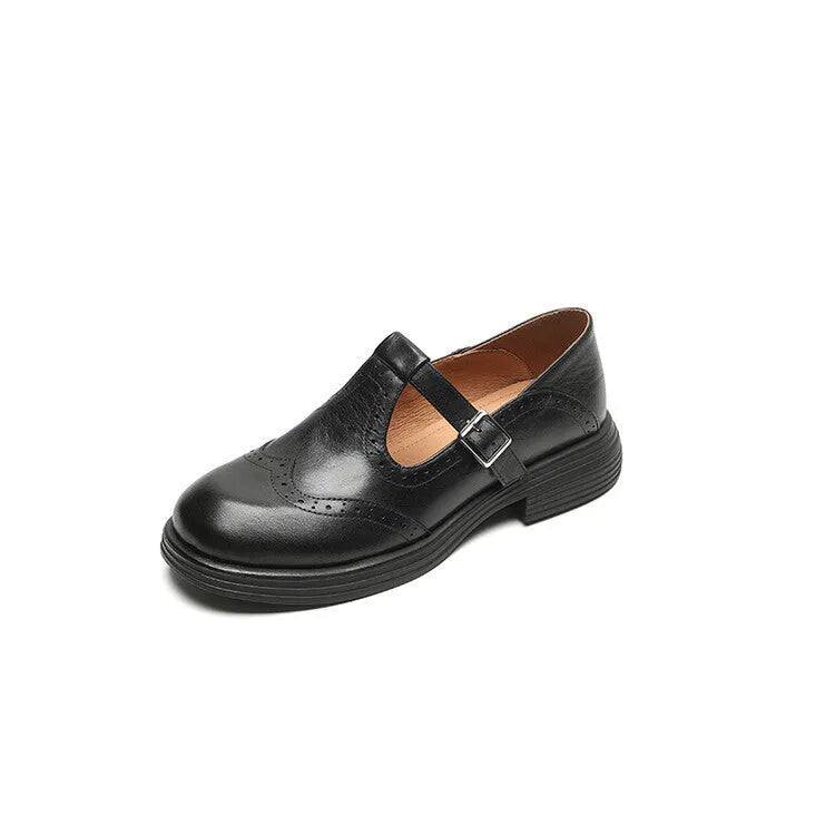 Women's sheepskin leather flat shoes with round toe in black and brown colour options