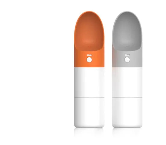 White and grey rocket-shaped pet water bottle with drinking outlet and lock button