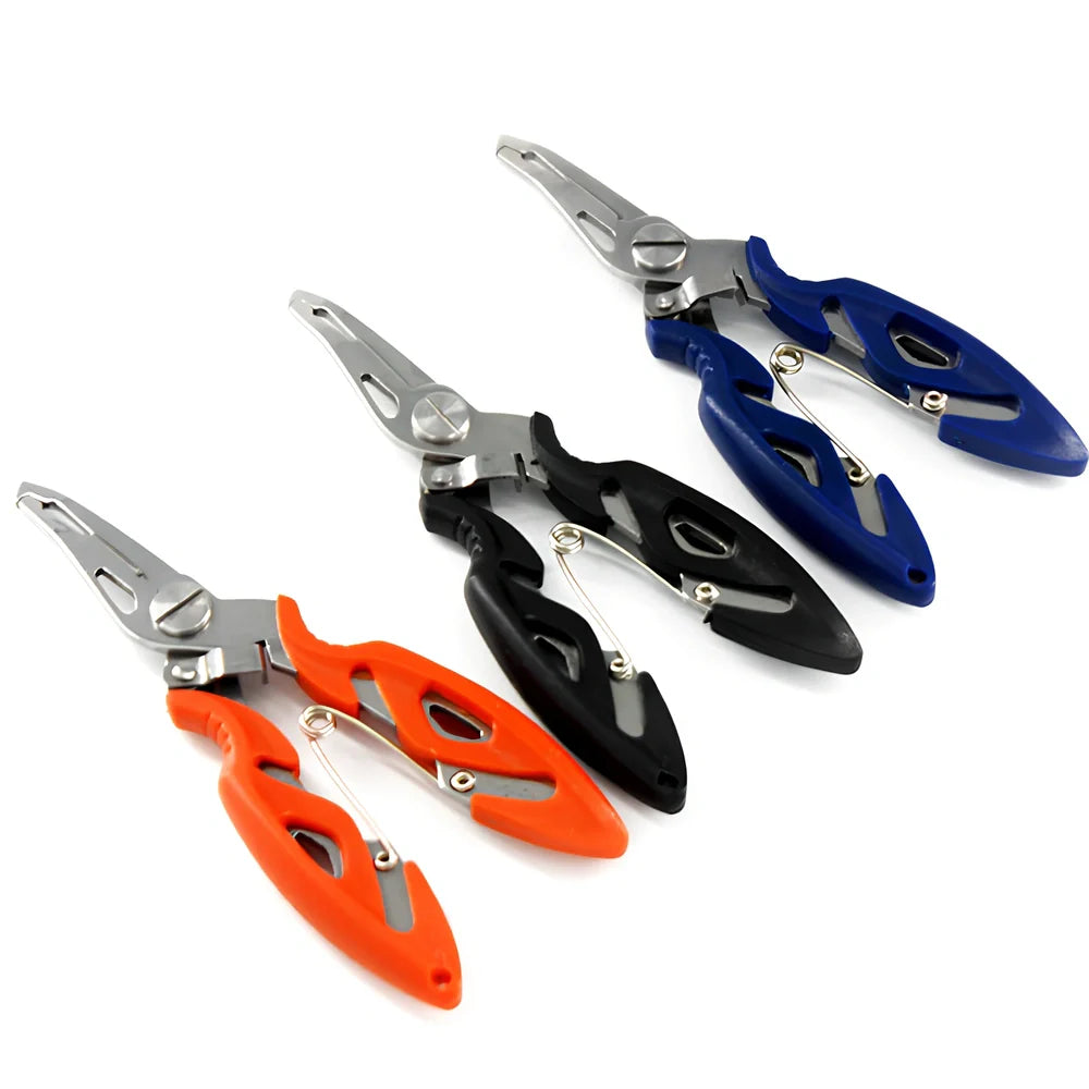 Stainless steel curved nose fishing pliers measuring 12.5cm with line cutter and protective covers