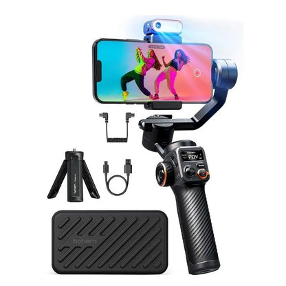 Black smartphone stabiliser with magnetic AI fill light and three-axis gimbal on tripod
