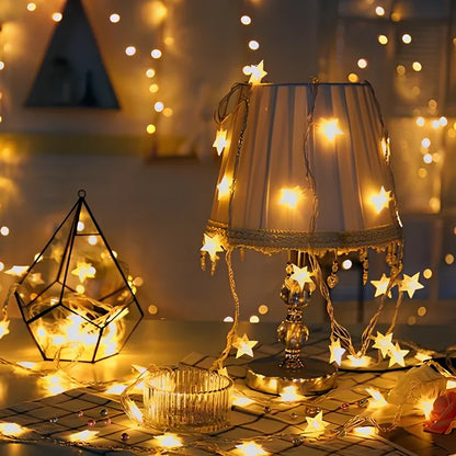 LED five-pointed star string lights with copper wiring in multiple colour options and length configurations