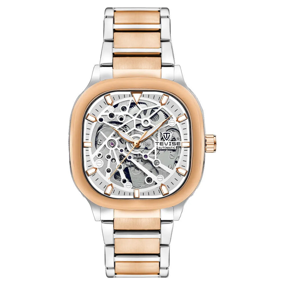 Men's square hollow automatic watch with luminous hands, stainless steel strap, and water resistance