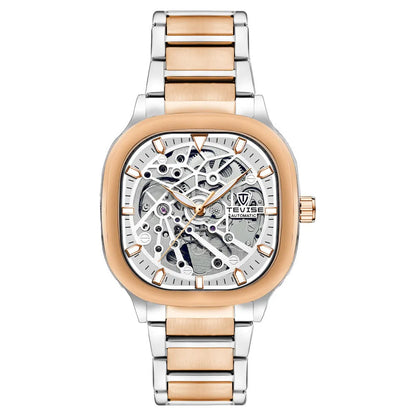 Men's square hollow automatic watch with luminous hands, stainless steel strap, and water resistance