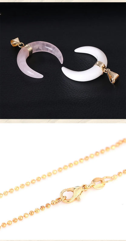 Natural stone moon pendant necklace with electroplated copper fittings on adjustable 45cm chain