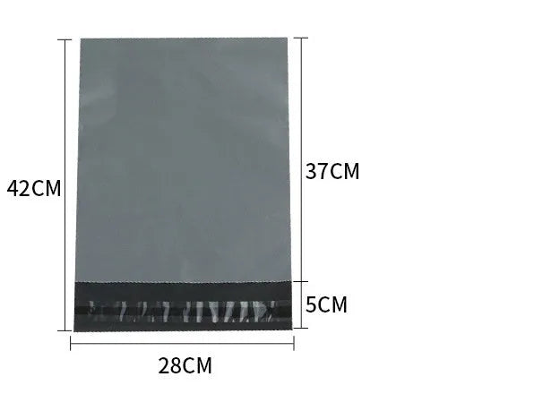 A pack of flat, sealed white PE plastic courier bags with an adhesive strip, showing size options and colour variations.