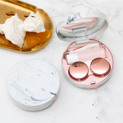 Square contact lenses case with marble surface and mirror, includes lens care accessories