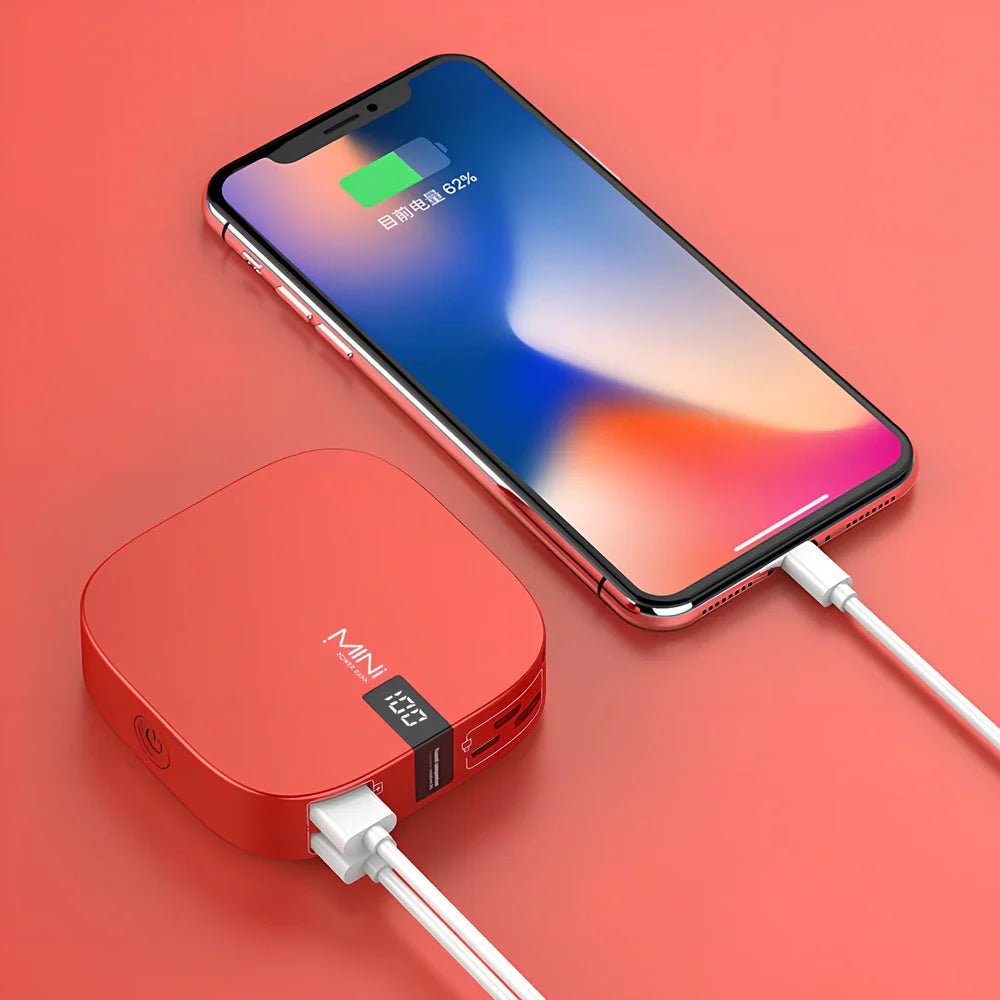 Red 10000 mAh mini power bank with digital display showing battery percentage, measuring 90x64x24mm