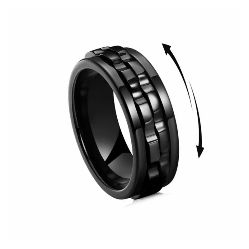 Men's titanium spinner ring with square texture and rotating gear in various colors