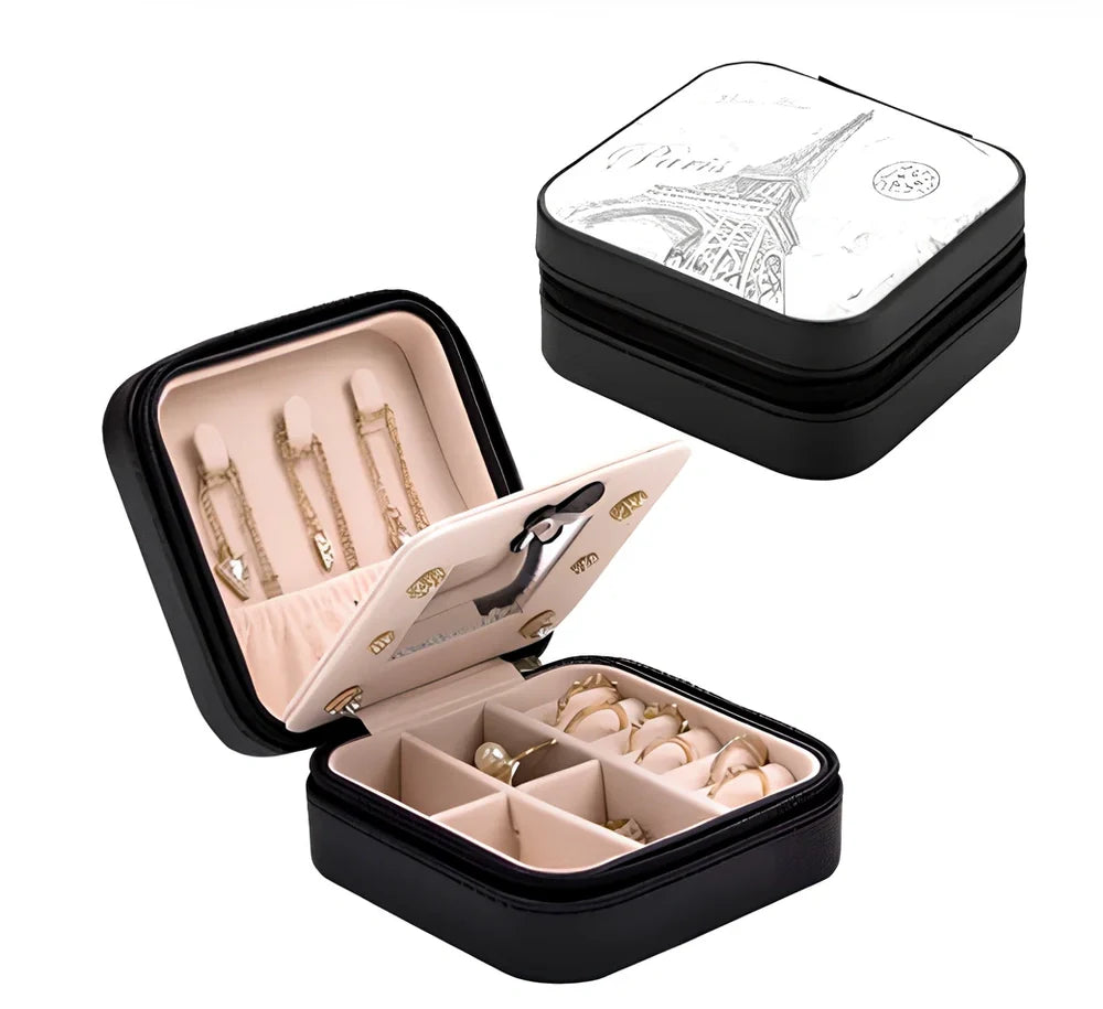 Three-layer travel jewellery box with PU leather exterior and secure closure for organised accessory storage