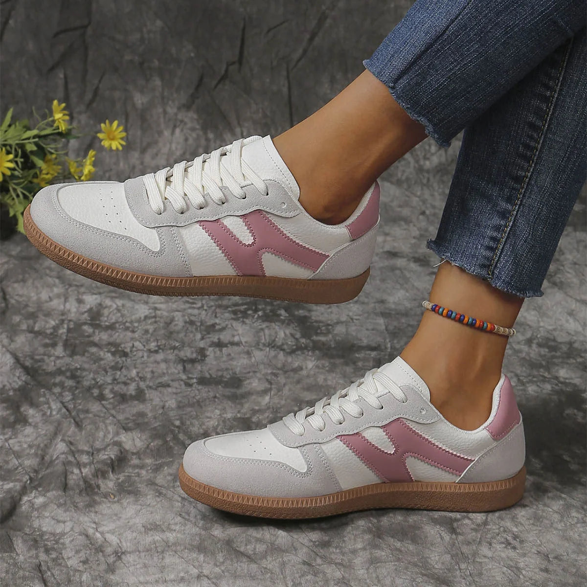 Colorblock lace-up flats with round toe, featuring a variety of vibrant color options for fashionable women