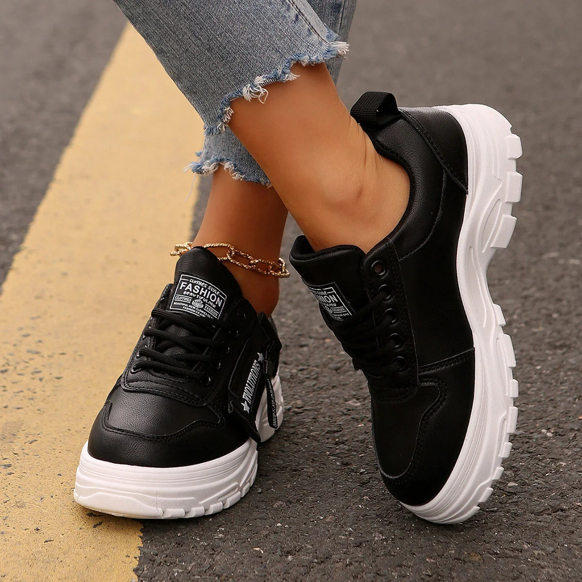 Stylish women's lace-up sneakers with side zipper in various colors