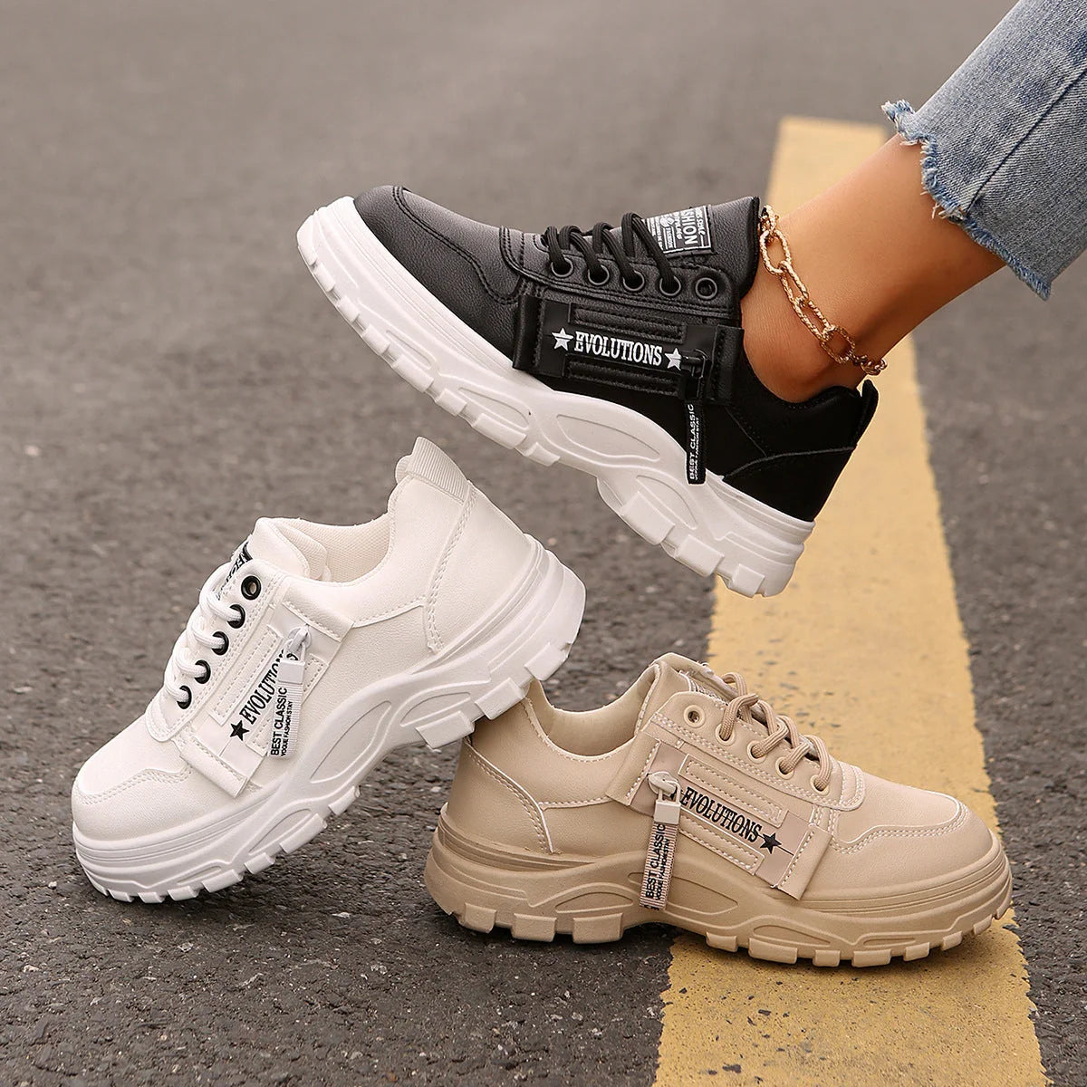 Stylish women's lace-up sneakers with side zipper in various colors
