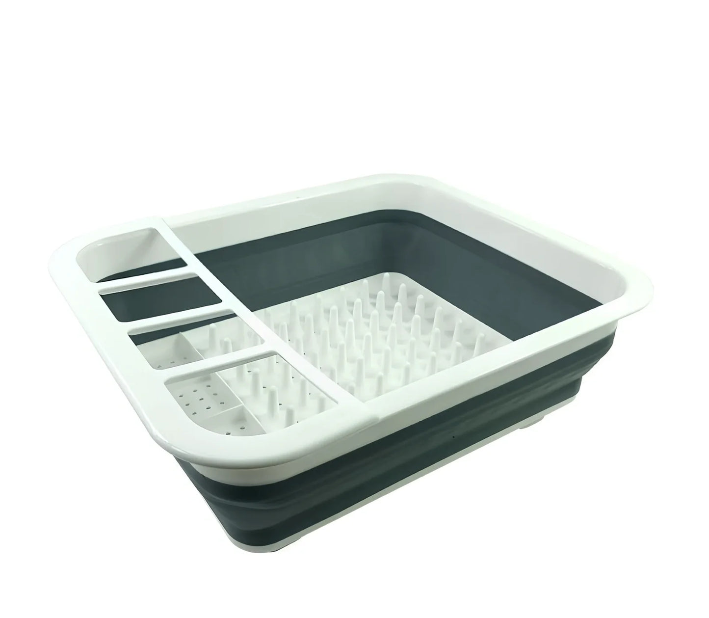 Grey folding kitchen dish rack showing collapsed flat position and separate utensil compartment