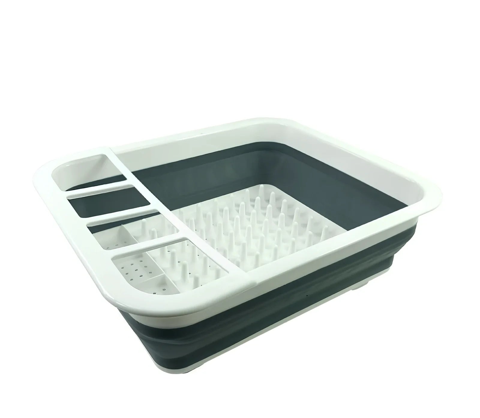 Grey folding kitchen dish rack showing collapsed flat position and separate utensil compartment
