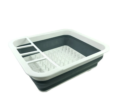 Grey folding kitchen dish rack showing collapsed flat position and separate utensil compartment