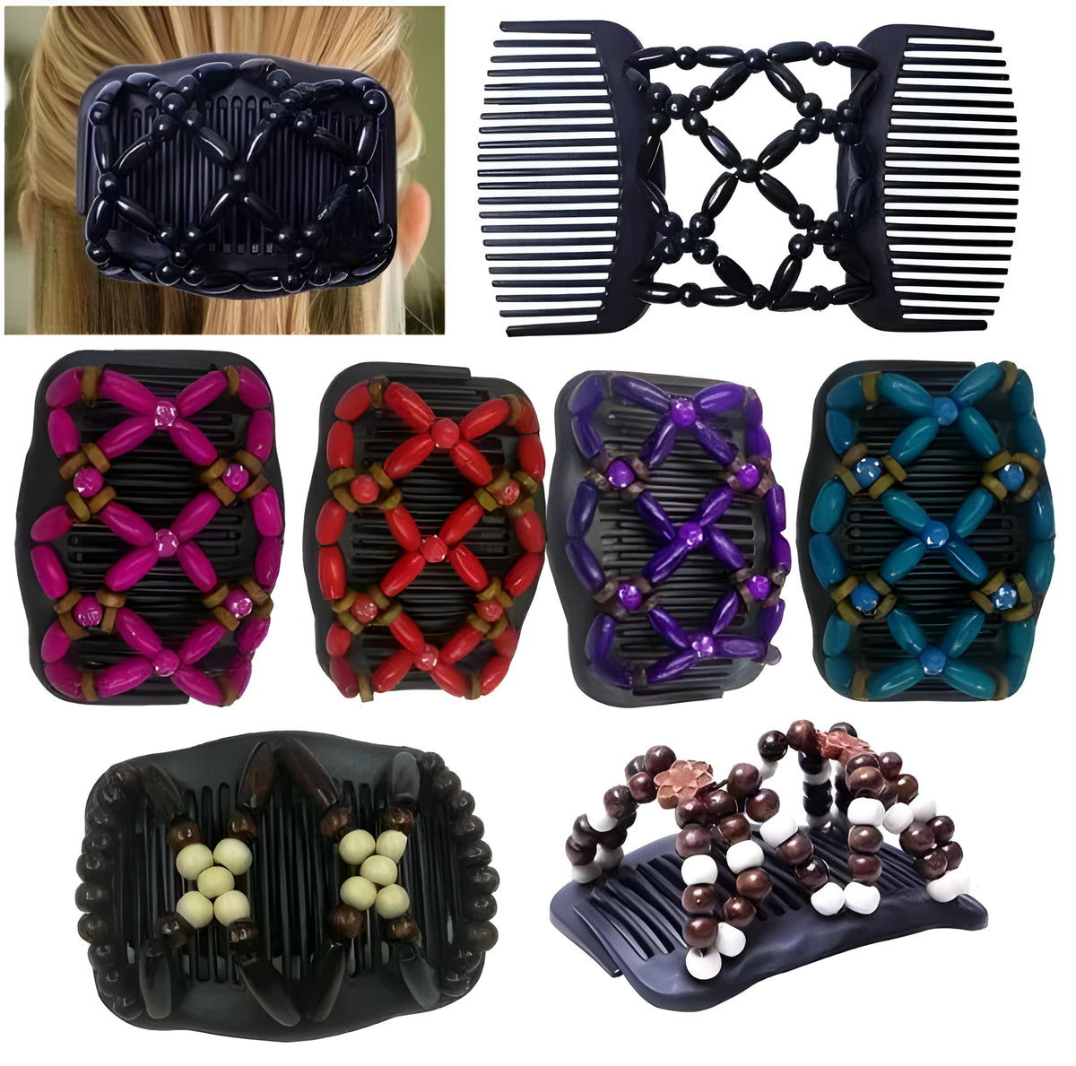 Elastic beaded hair comb with plastic frame and wooden beads, 17.5x10.3cm, vintage hair accessory