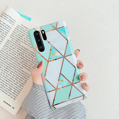 Electroplated marble mobile phone case in various colours for Huawei and Samsung models, showing slim TPU back cover design