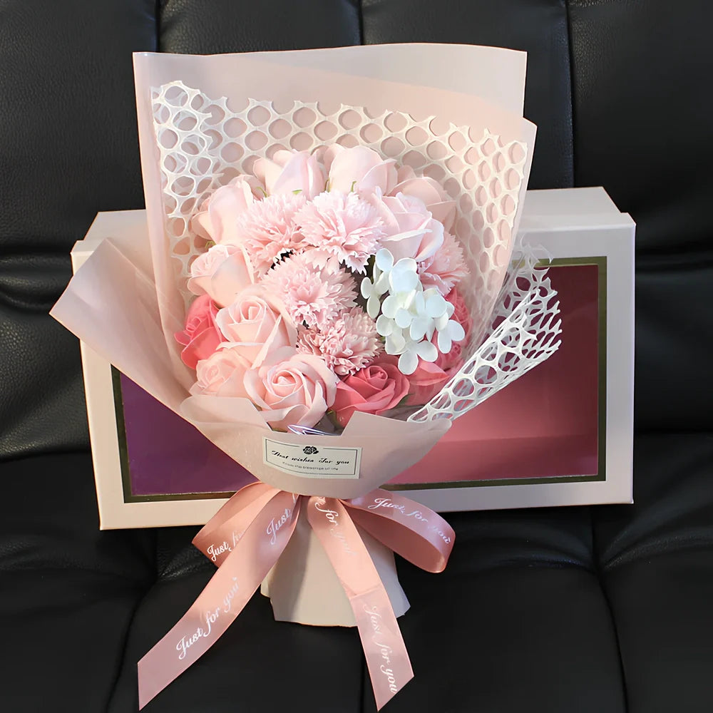 Handmade 19 rose soap bouquet in pink, red, blue, purple, or white, arranged in gift box for events