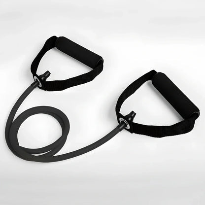Five colour-coded latex resistance bands showing 120cm length with resistance levels from 10-30 pounds