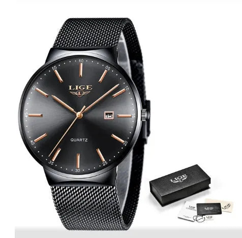 Men's stainless steel wristwatch with 40mm dial showing black, blue, or two-tone colour options