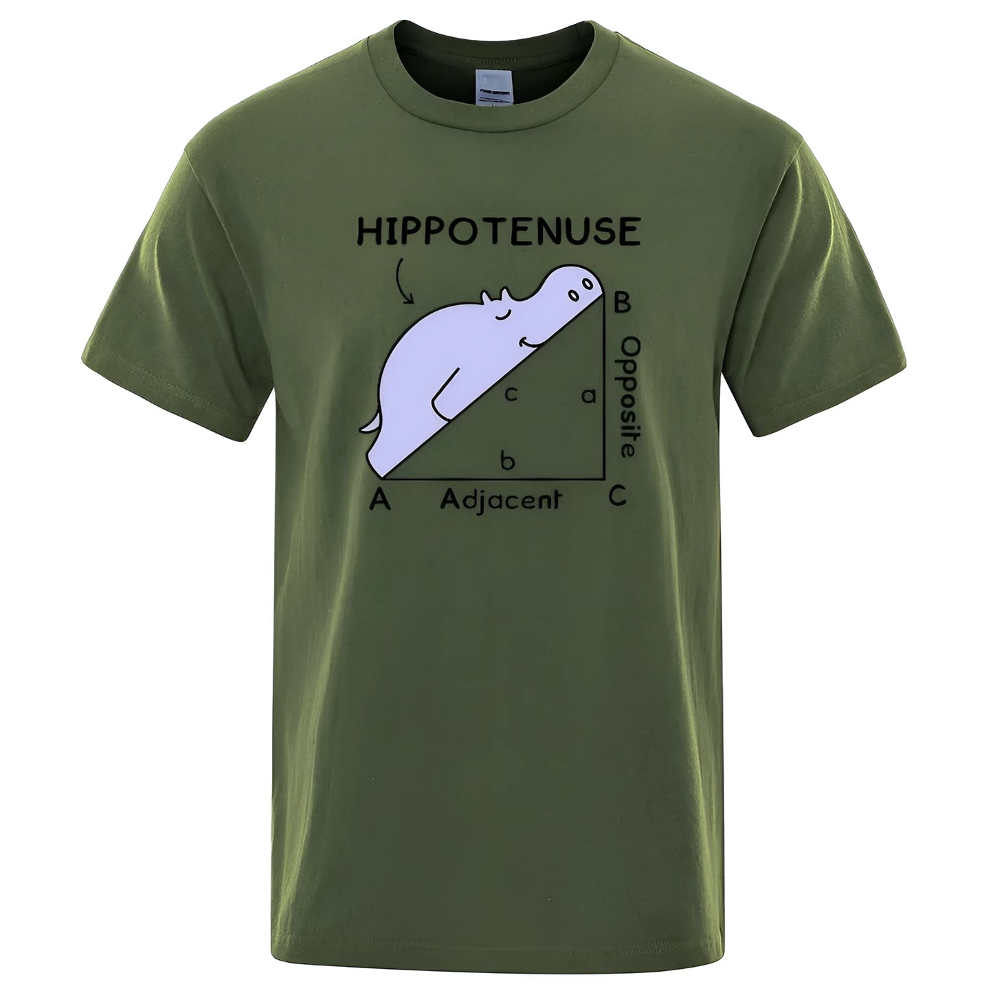 Loose fit white cotton t-shirt featuring a colourful 'Hippotenuse Opposite Adjacent' funny printed design on the front.