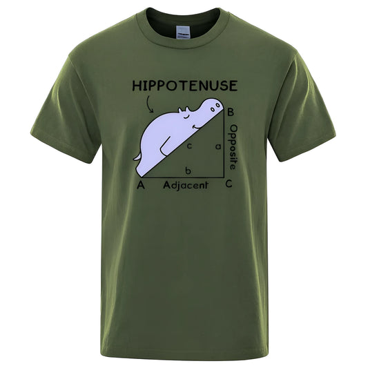 Loose fit white cotton t-shirt featuring a colourful 'Hippotenuse Opposite Adjacent' funny printed design on the front.
