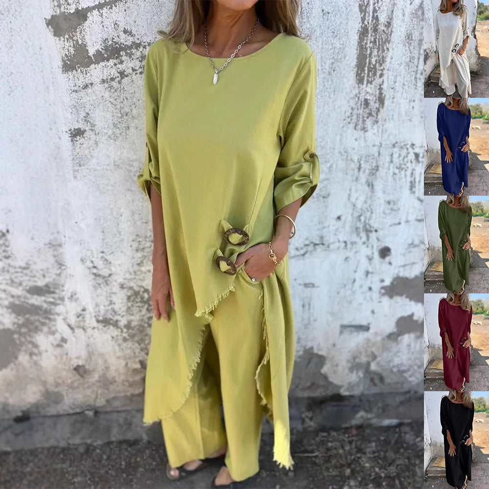Women's loose long suit with metal buttons and wide-leg trousers in various colors