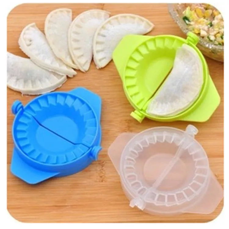 Plastic dumpling maker device in blue, green, and white for quick, uniform dumplings