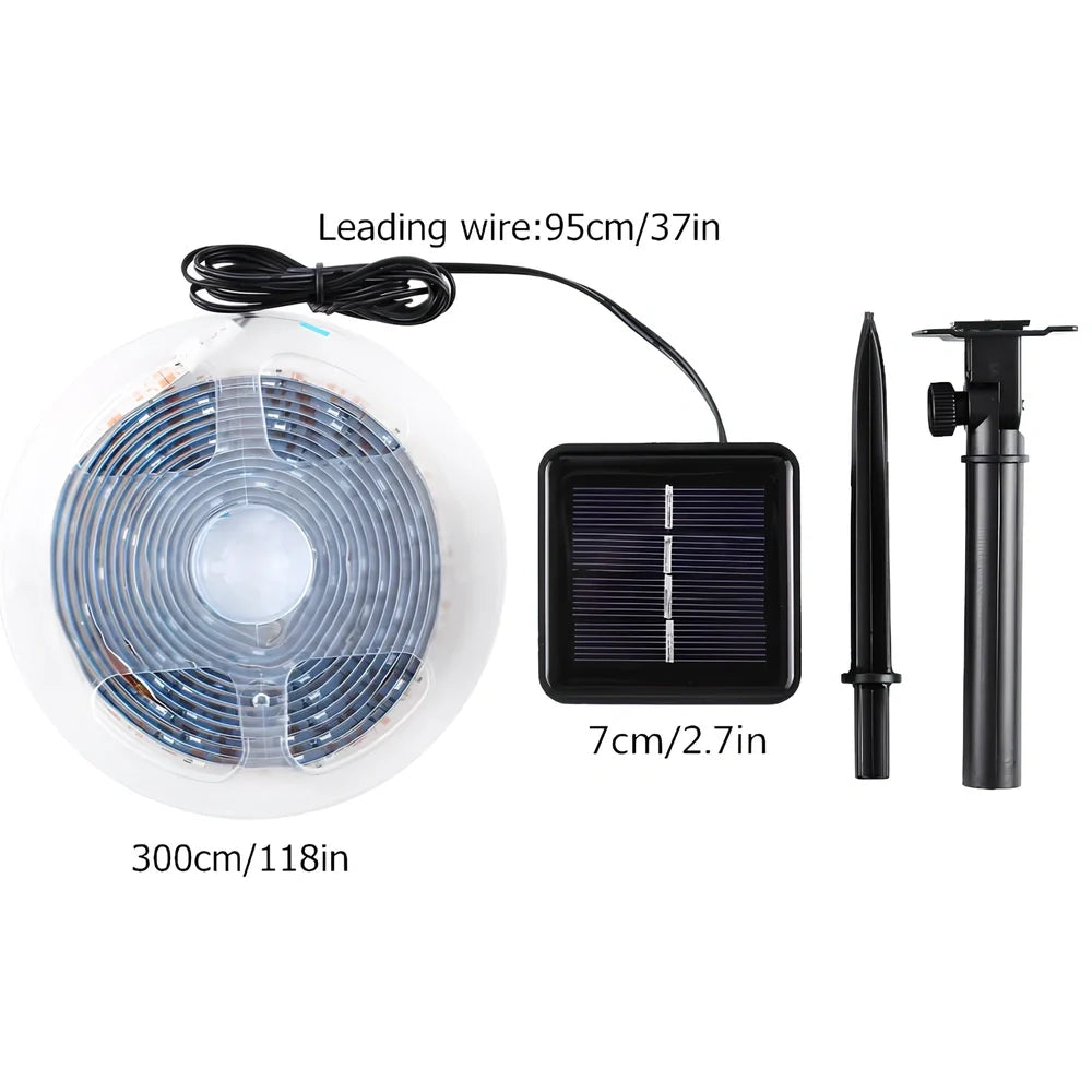 Compact 70x70mm solar LED strip with 90 lights in warm white, IP65 rated for garden paths