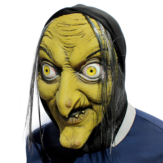Latex Halloween witch mask with realistic facial wrinkles and textured surface, showing flexible fit and hand-painted colour accents