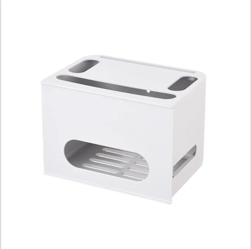 Grey and white plastic wireless router storage box with cable management compartment