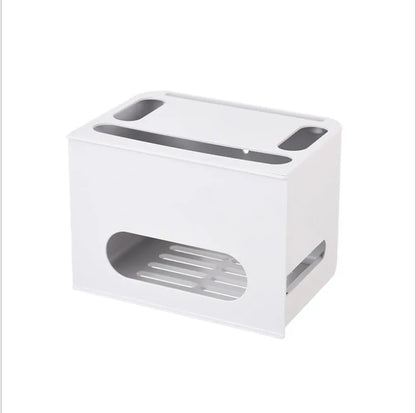 Grey and white plastic wireless router storage box with cable management compartment