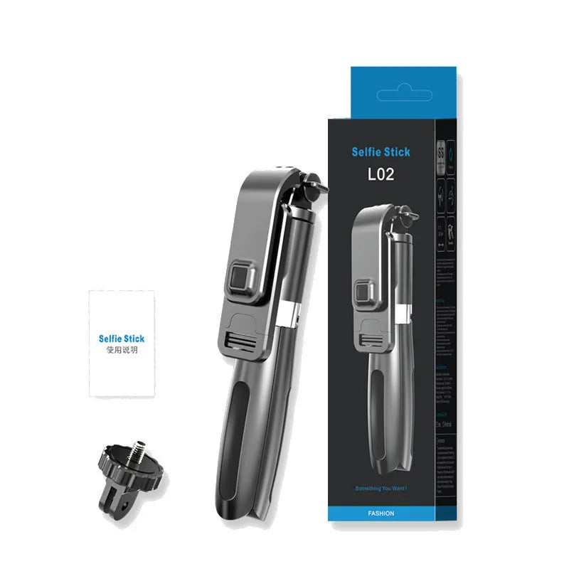 Bluetooth selfie stick with wireless remote control and extendable tripod for smartphones, sports cameras, and GoPro, featuring a stainless steel construction, Bluetooth 4.0 connectivity over 10 metres, and an adjustable height from 190mm to 1000mm.