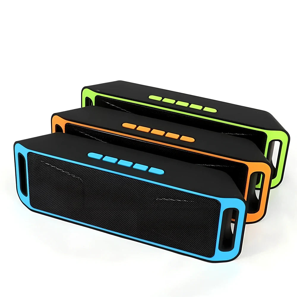Blue portable Bluetooth speaker with dual speakers showing dimensions 20x6.5x4cm
