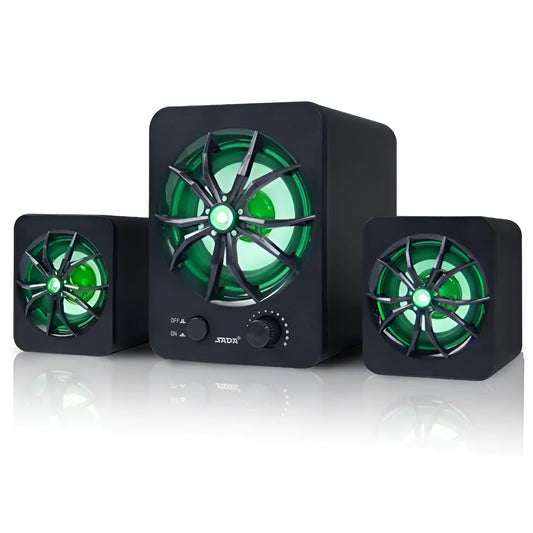 Green 2.1 USB computer speaker with colourful LED lighting effects and dual connectivity ports