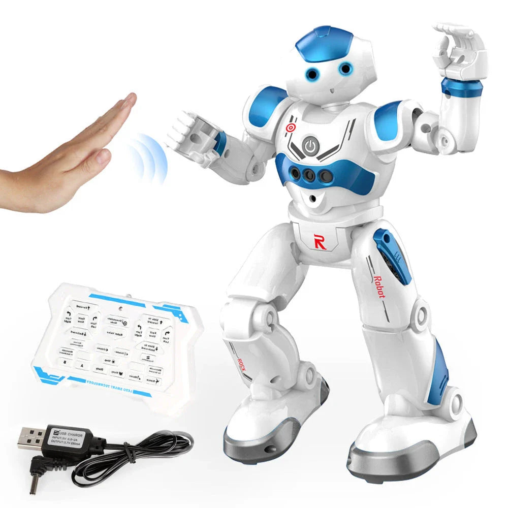 A remote-controlled robot toy with music and dance features, designed for children's entertainment and engagement.