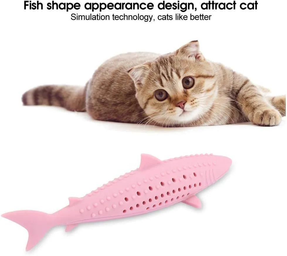 Green fish-shaped silicone cat chew toy with side holes, shown disassembled to reveal hollow interior for catnip.