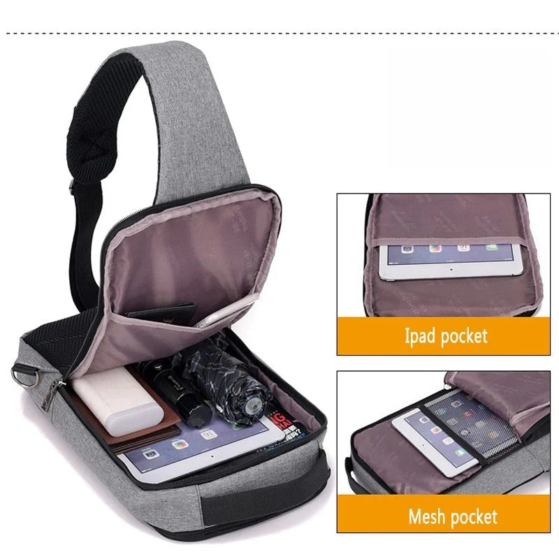 Anti-theft USB charging chest bag with computer pocket in various colors