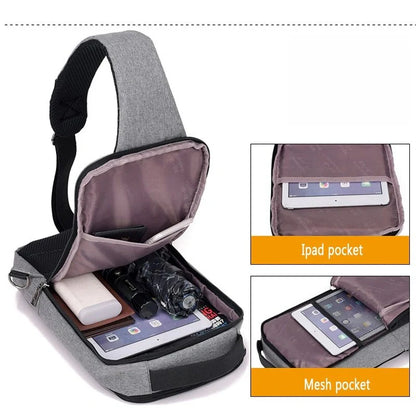 Anti-theft USB charging chest bag with computer pocket in various colors