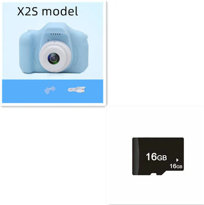 Colourful kids digital camera with silicone case showing 2-inch screen and lens.