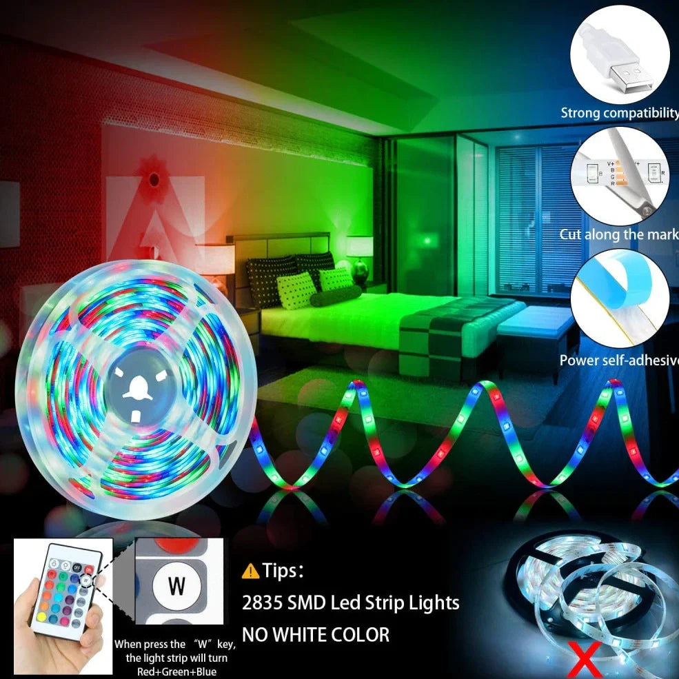 Flexible RGB LED strip lights with Bluetooth control showing colour changing effects on TV backlighting installation
