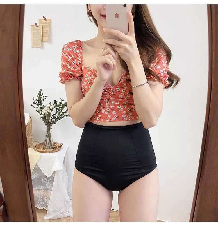 Nylon hot spring swimwear in pink, black, and blue, sizes S to XL