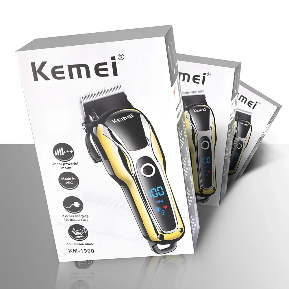 Professional hair clipper with four guide combs, cleaning brush, and power adapter on white background