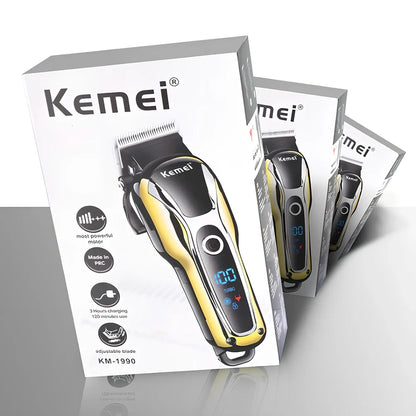 Professional hair clipper with four guide combs, cleaning brush, and power adapter on white background