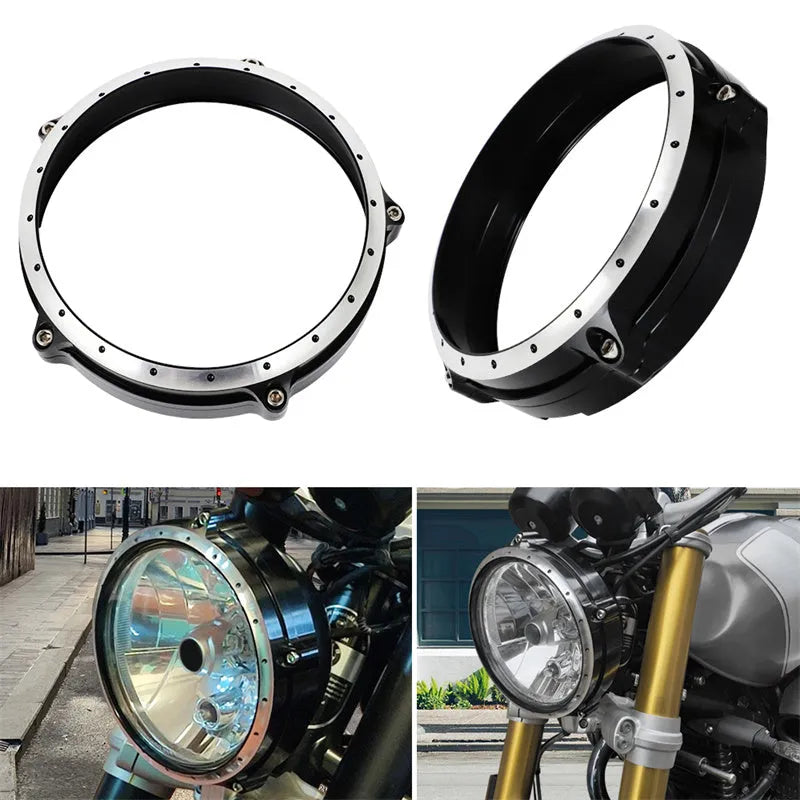 Black CNC aluminium headlight protective frame for BMW R NineT Scrambler motorcycle.