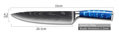 8-inch Chef Knife with vibrant blue resin handle, perfect for precision cutting in the kitchen.
