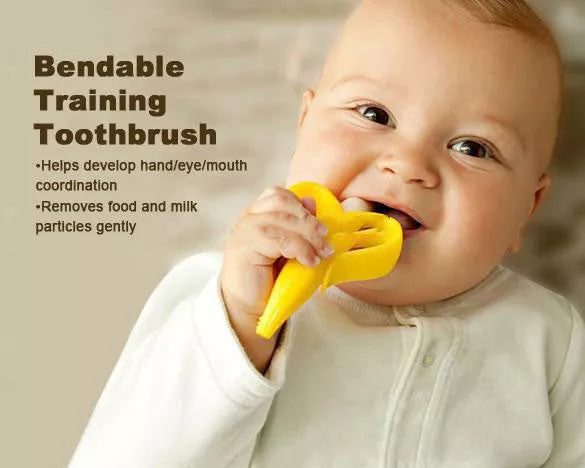 Food grade silicone banana teether toy for babies in yellow, pink, and blue